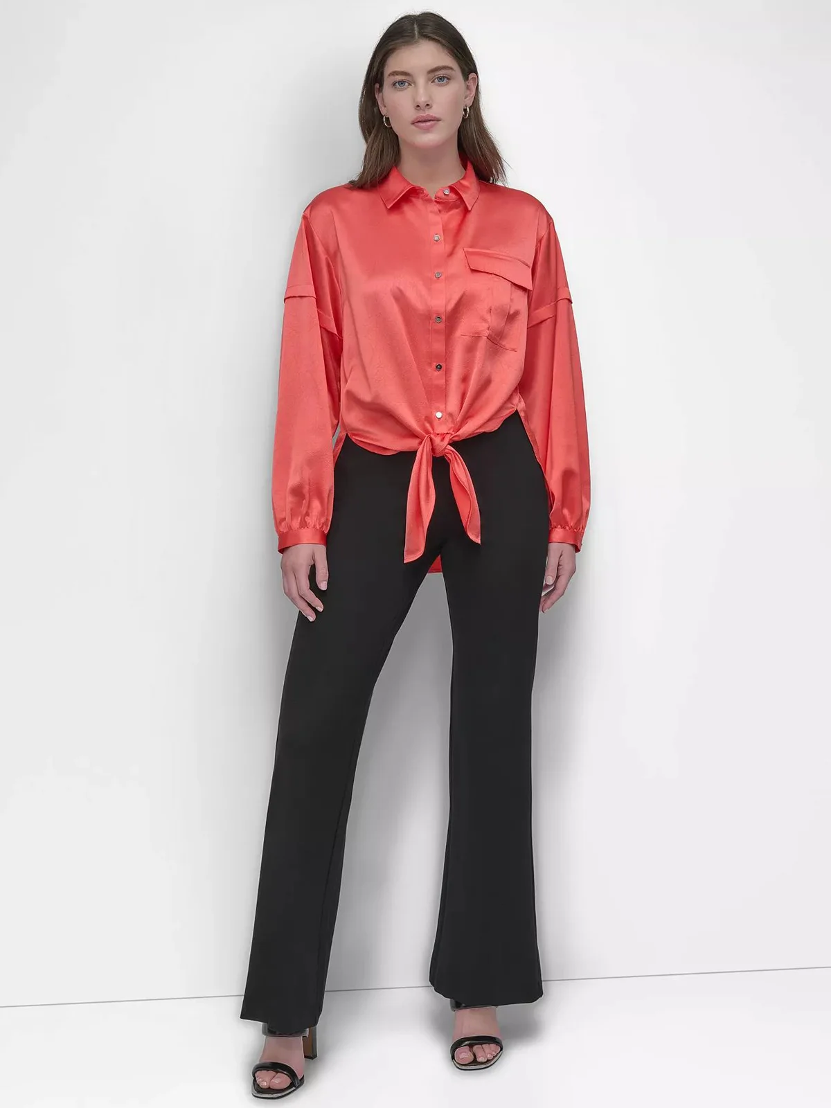 DKNY Áo Sơ Mi Nữ L/S Nail Crease Tie Frnt Top