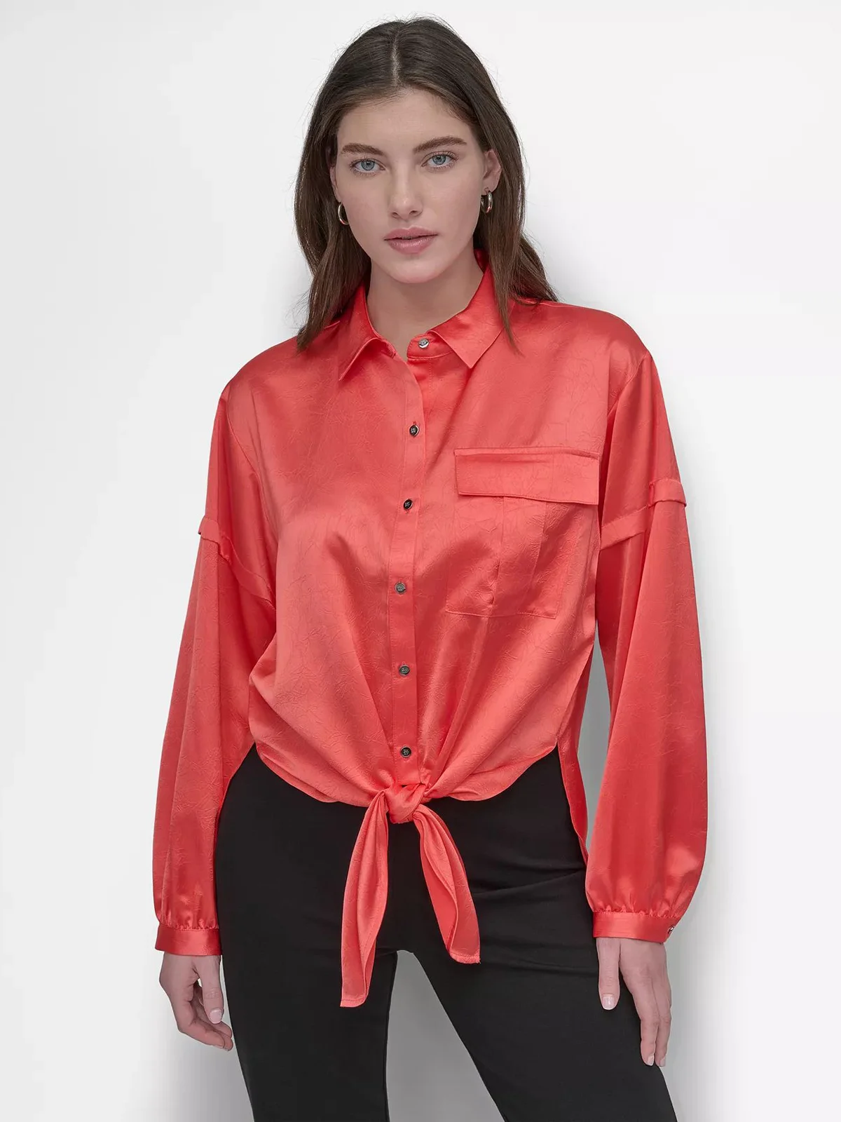 DKNY Áo Sơ Mi Nữ L/S Nail Crease Tie Frnt Top