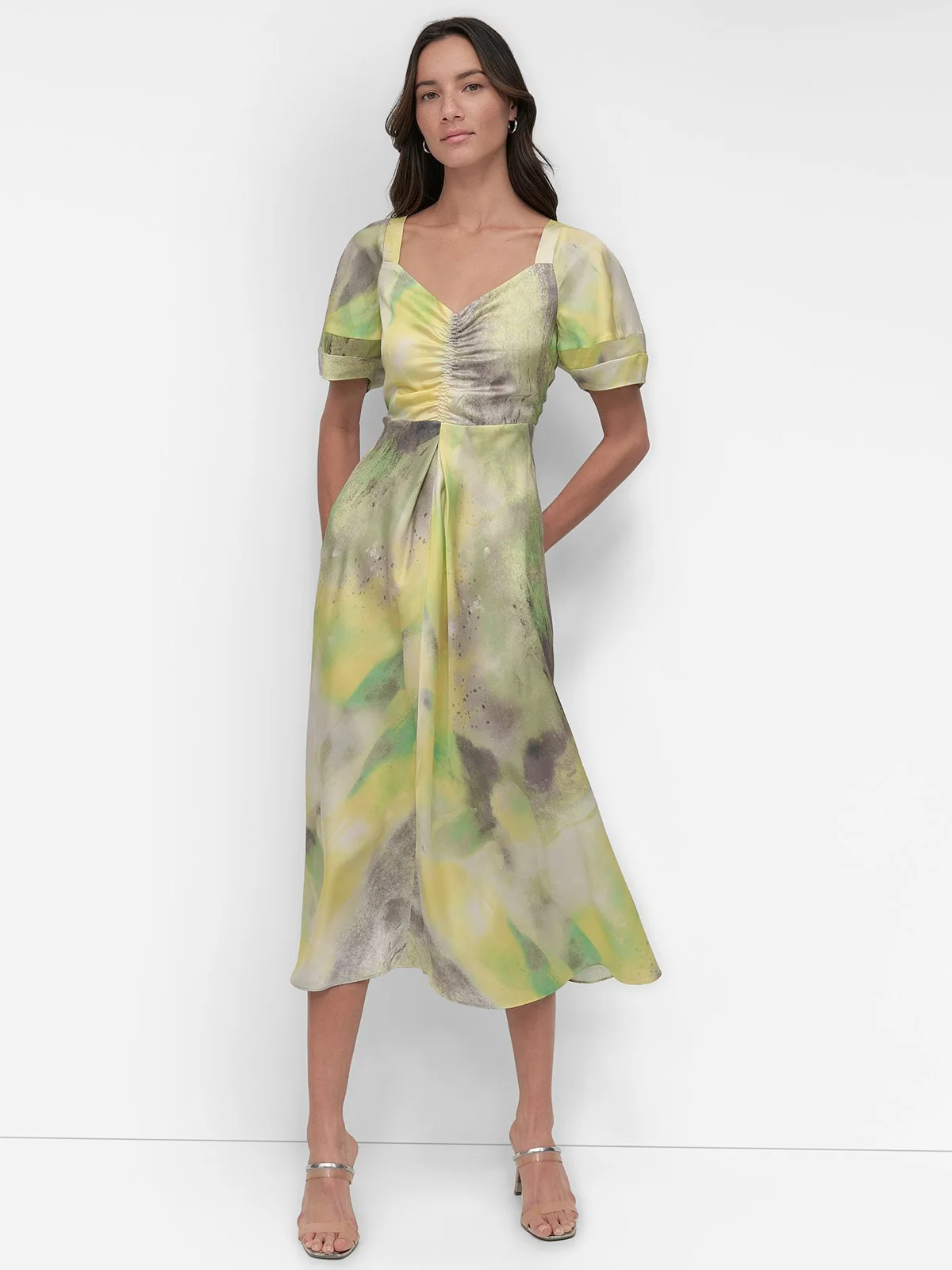 DKNY Đầm Nữ S/S Ruche Frnt Prnt Satindress