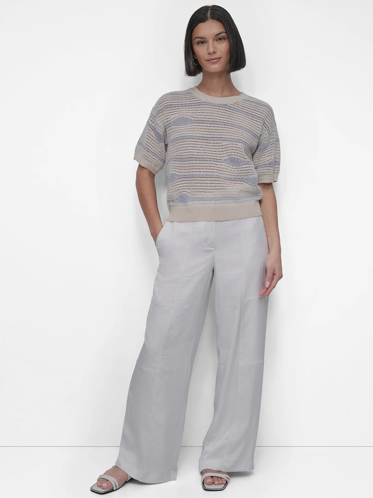 DKNY Áo Len Nữ S/S Crochet Cotton W/ Lurex