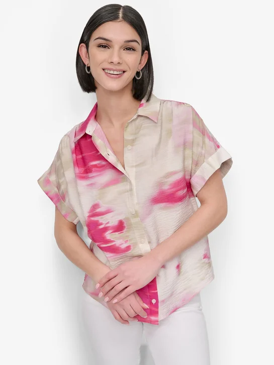 DKNY Áo Sơ Mi Nữ S/S Printed Cotton V