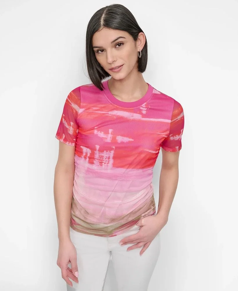 DKNY Áo Kiểu Nữ S/S Printed Mesh Ruched Top