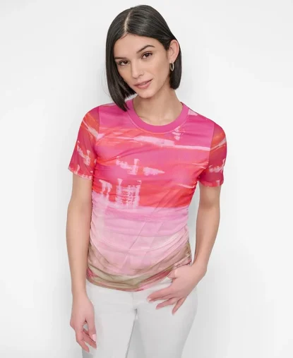 DKNY Áo Kiểu Nữ S/S Printed Mesh Ruched Top