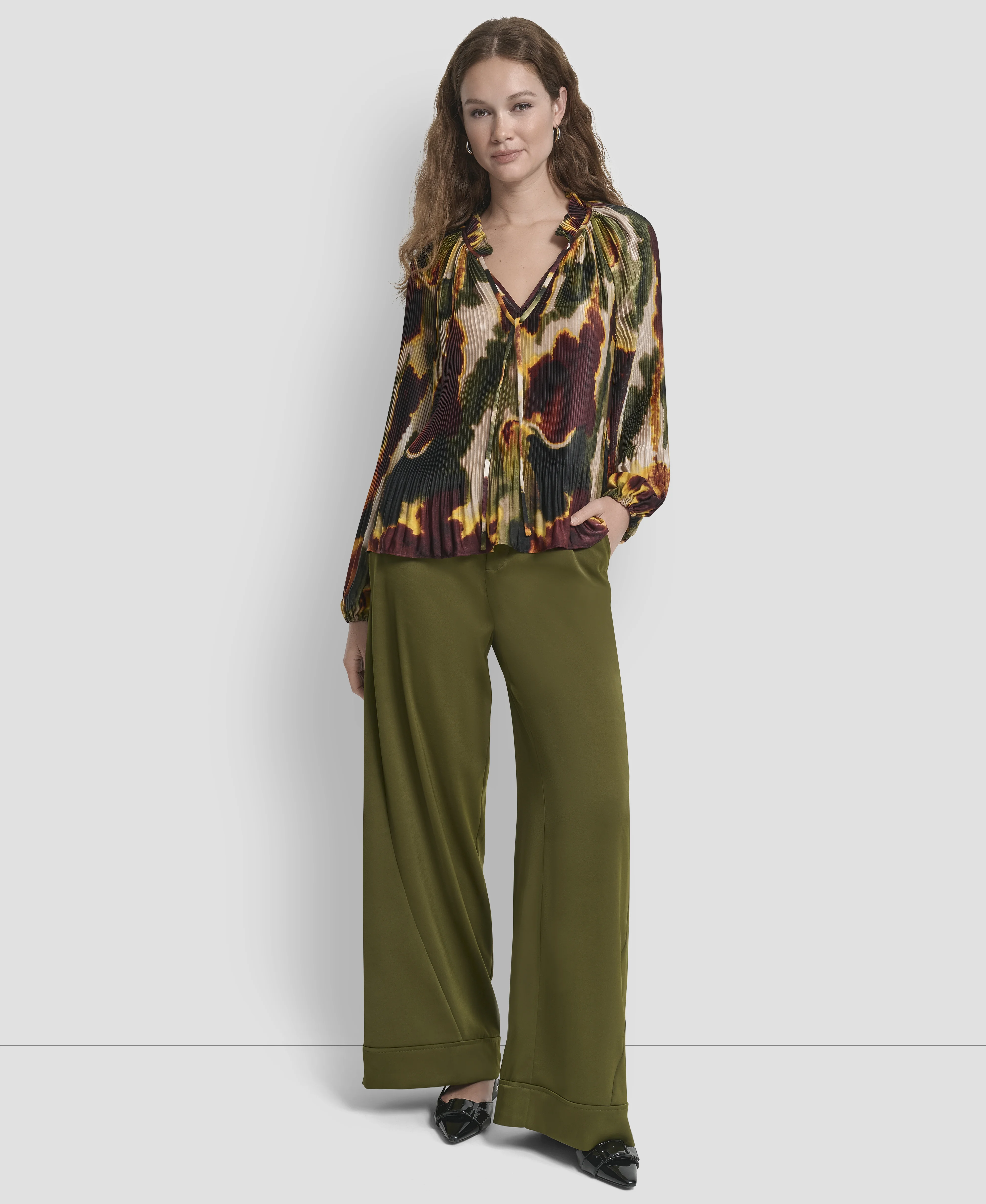 DKNY Áo Kiểu Nữ L/S Printed Pleat Blouse