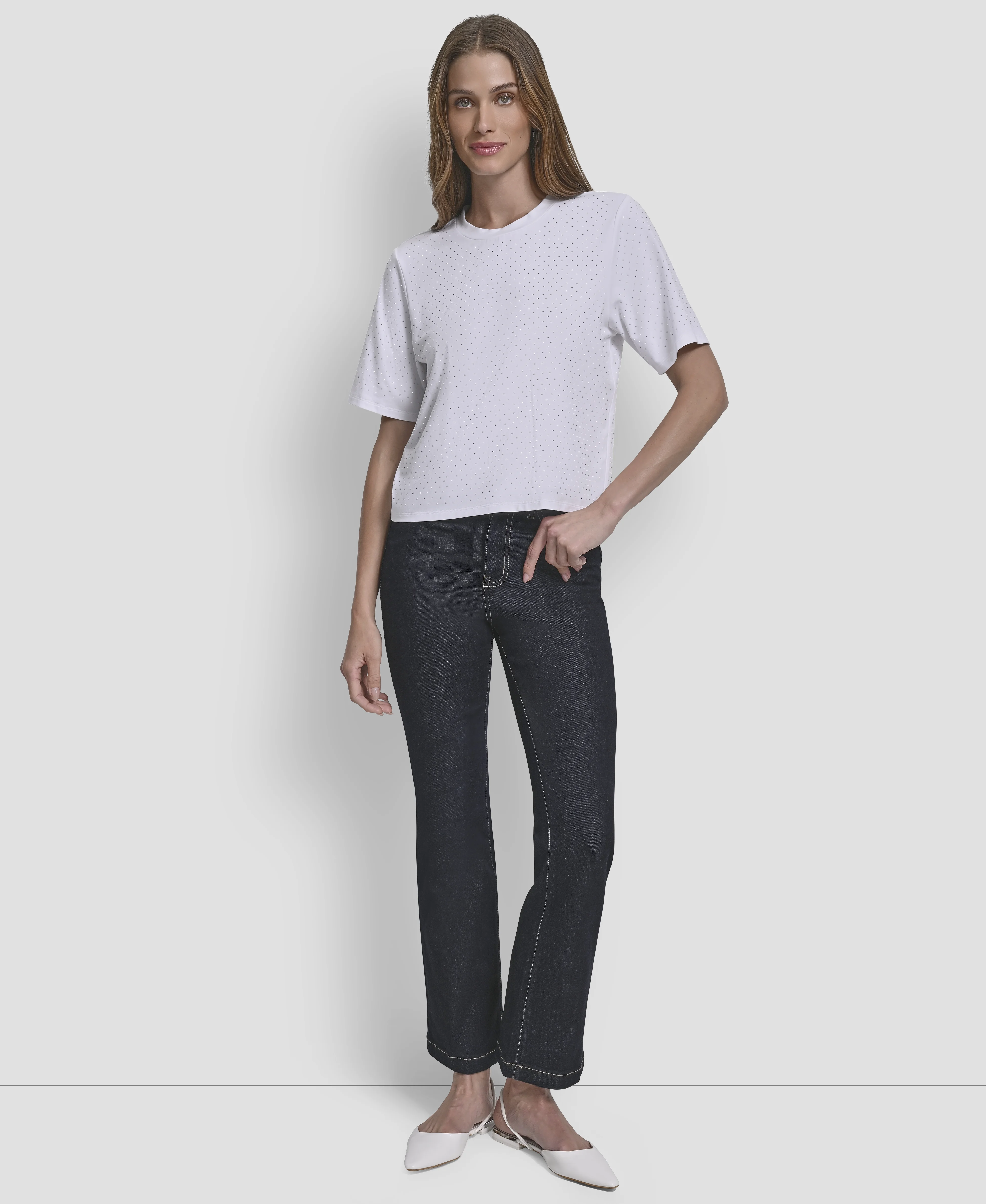 DKNY Áo Kiểu Nữ S/S Cotton Studded Knit Top