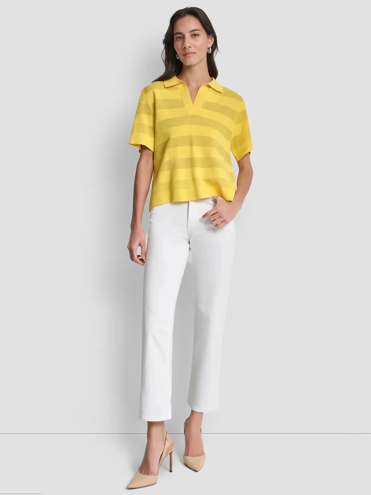 DKNY Áo Len Nữ S/S Sheer Striped Polo Swtr
