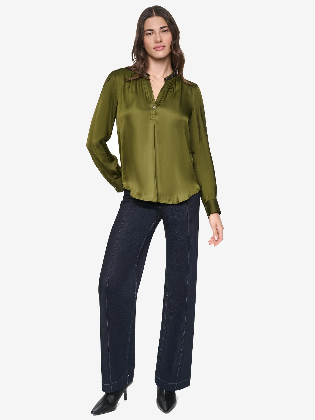 DKNY Áo Kiểu Nữ L/S Park Satin Top With Chain 