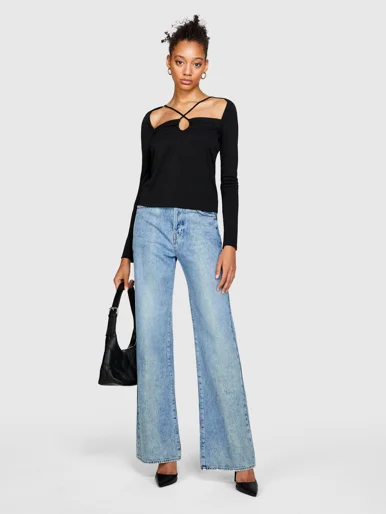 SISLEY Áo Len Tay Dài Nữ T-Shirt With Crisscrossed Neck