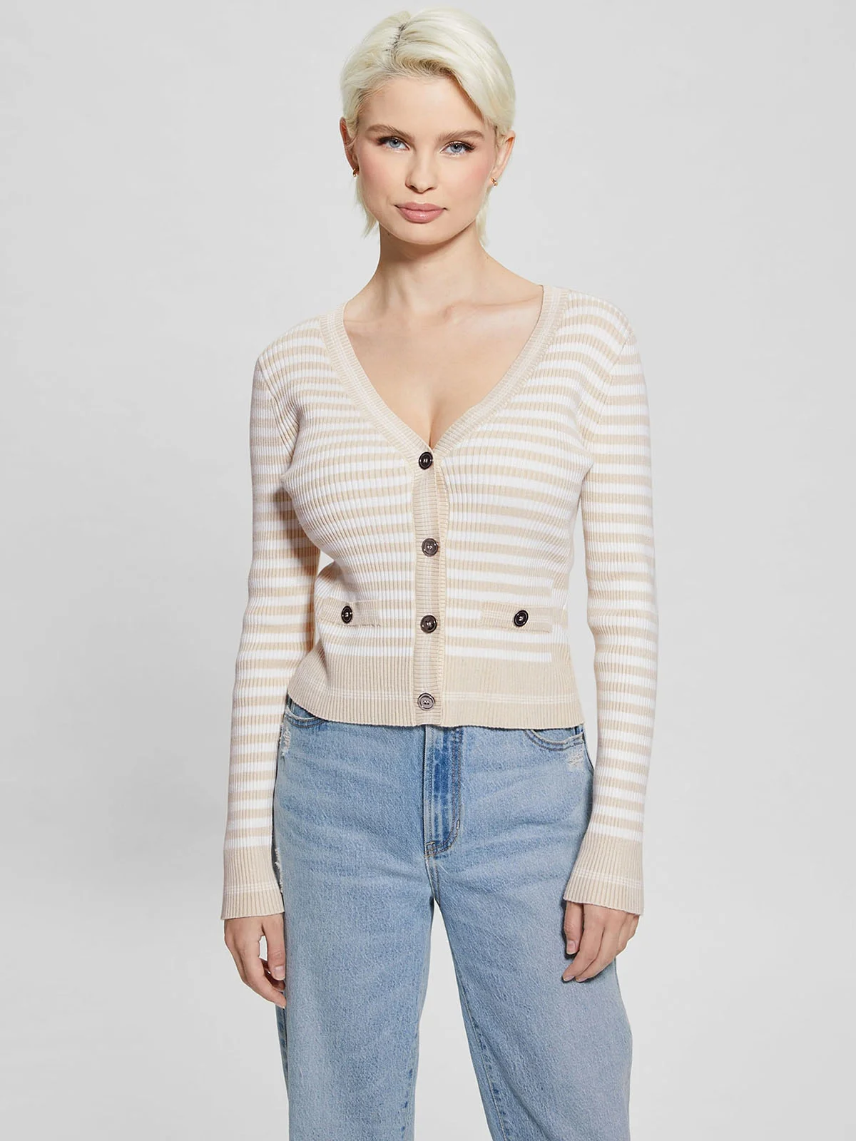 GUESS WOMAN Áo Len Nữ - Ls Mix Stripe Rib Marti Cardi