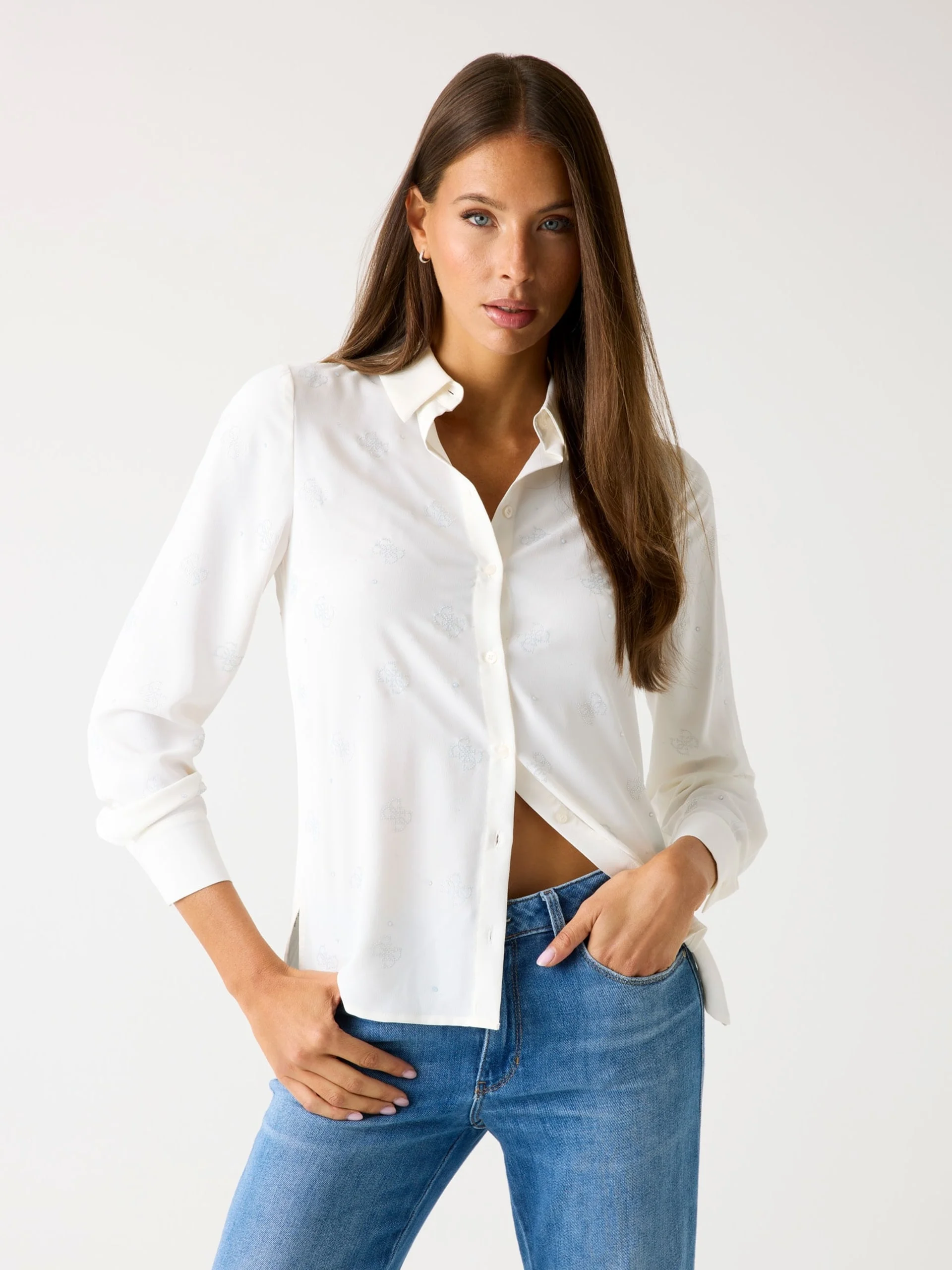 GUESS WOMAN Áo Sơ Mi Nữ-Ls Flore Logo Hotfix