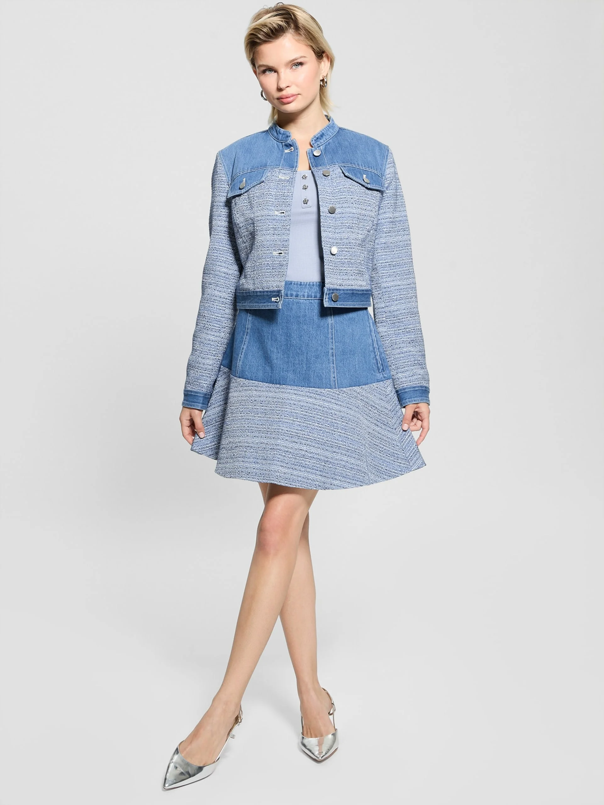 GUESS WOMAN Chân Váy Nữ Elsie Tweed Mix Denim Skirt