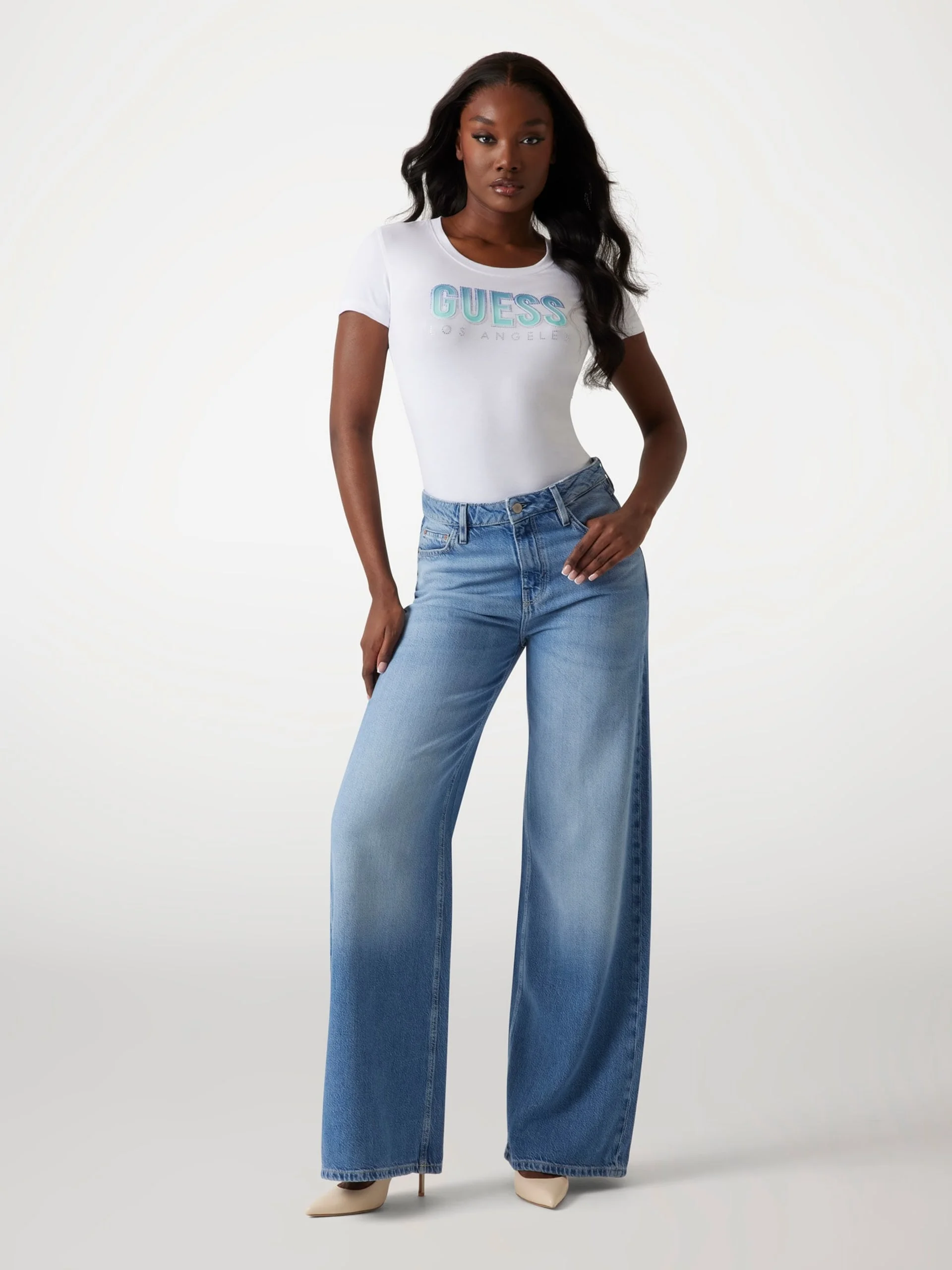 GUESS WOMAN Áo Thun Nữ Cn Ss Glitter Degrade Logo Tee