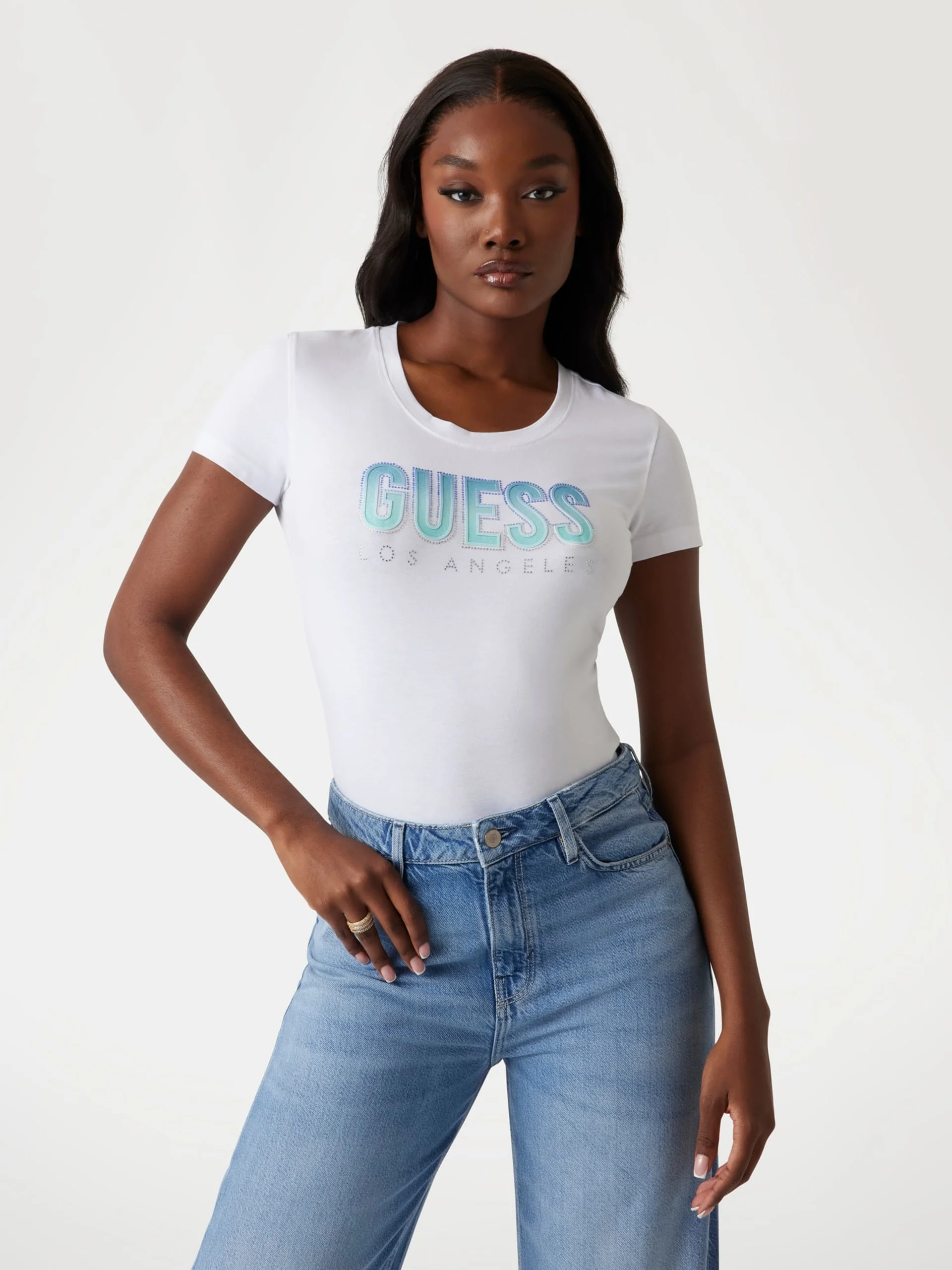 GUESS WOMAN Áo Thun Nữ Cn Ss Glitter Degrade Logo Tee