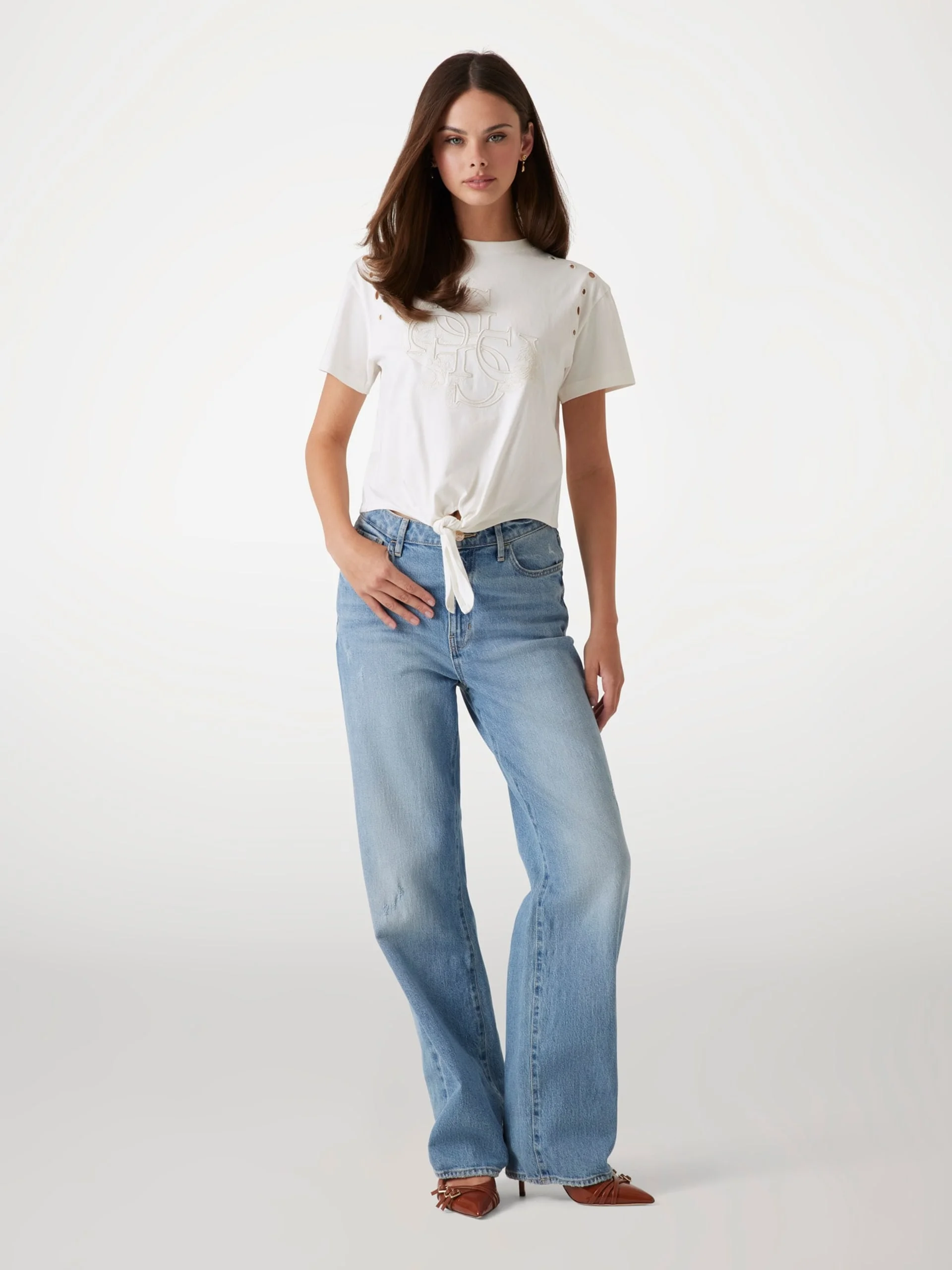 GUESS WOMAN Áo Thun Nữ - Cn Ss Eyelet Tone On Tone Tee