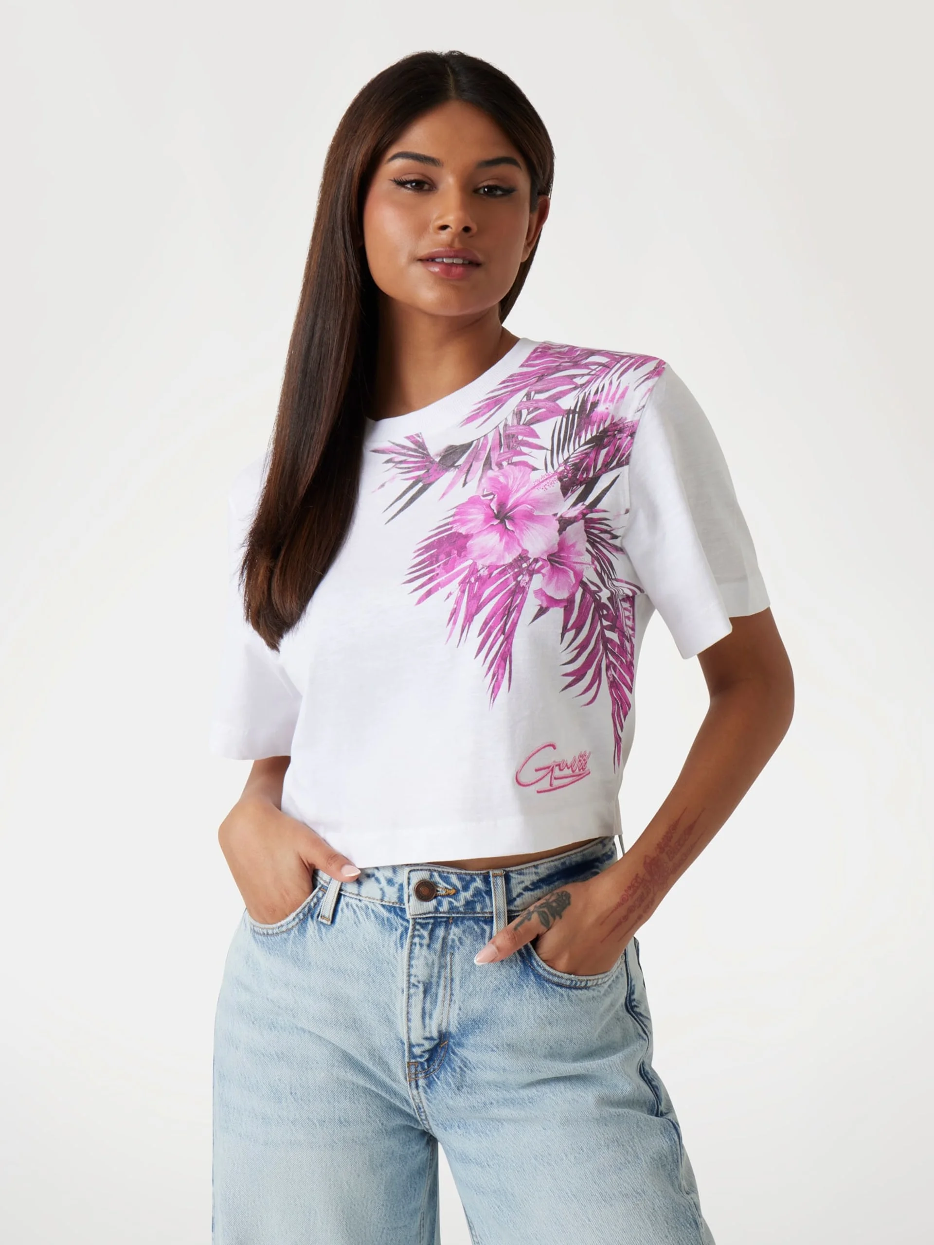 GUESS WOMAN Áo Thun Nữ - Cn Ss Logo Palm Print Tee