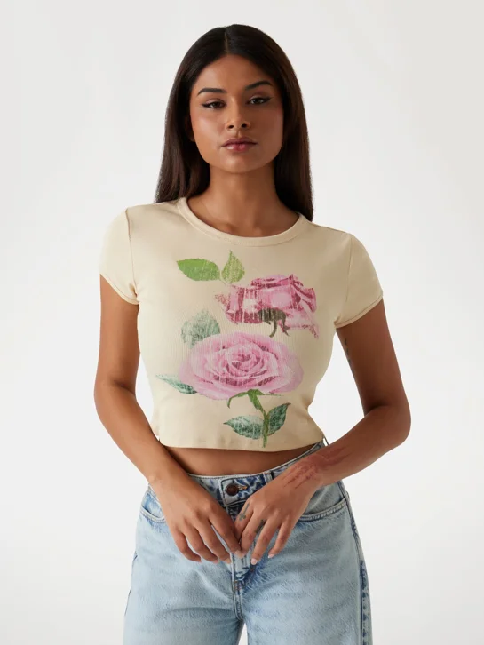 GUESS WOMAN Áo Thun Nữ - Ss Vintage Rose Fitted Rib Tee