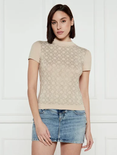 GUESS WOMAN Áo Thun Nữ - Ss Mock Neck All Over Logo Tee
