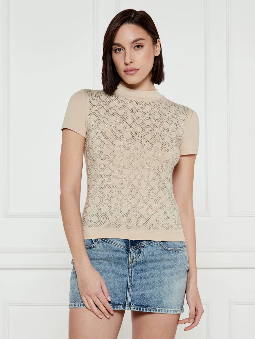 GUESS WOMAN Áo Thun Nữ - Ss Mock Neck All Over Logo Tee