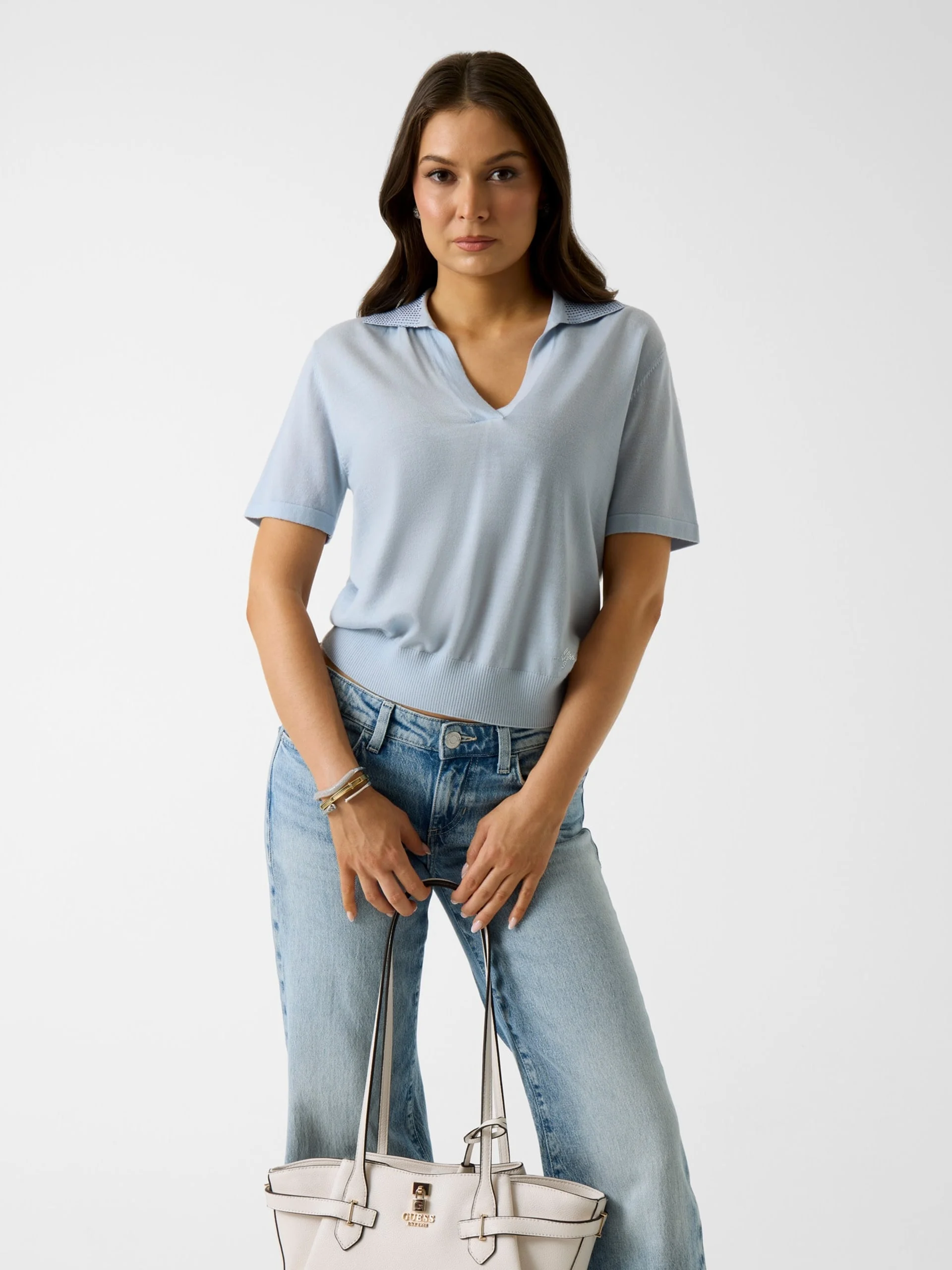 GUESS WOMAN Áo Polo Len Nữ - Ss Rhinestones Polo Stormi Swt