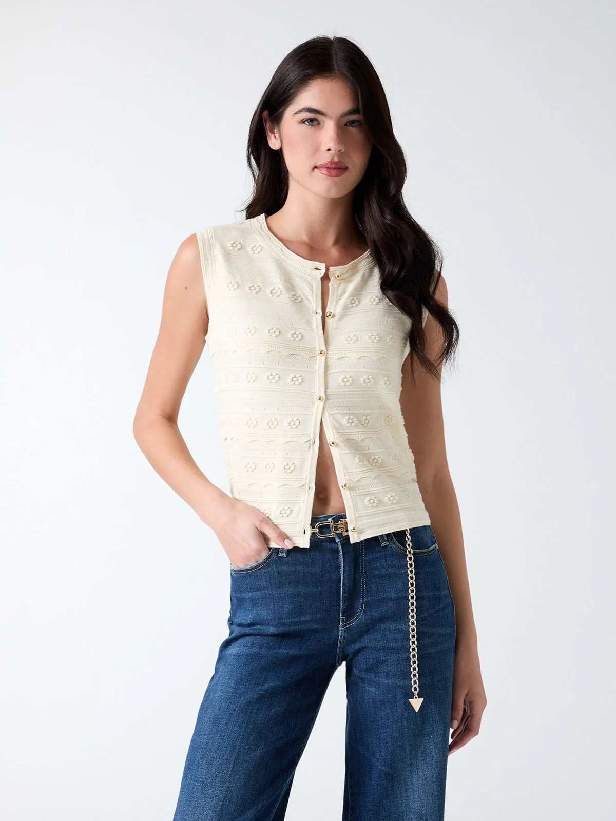 GUESS WOMAN Áo Ba Lỗ Len Nữ - Ladies Bttn Up Vest Sweater