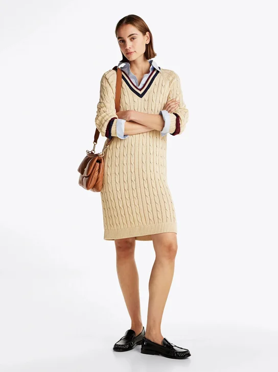 TOMMY HILFIGER Đầm Nữ Varsity Cable V-Nk Swt Dress L