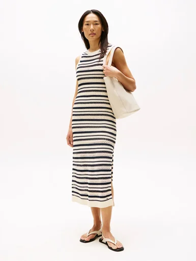 TOMMY HILFIGER Đầm Nữ Crochet C-Nk SL Midi Swt Dress
