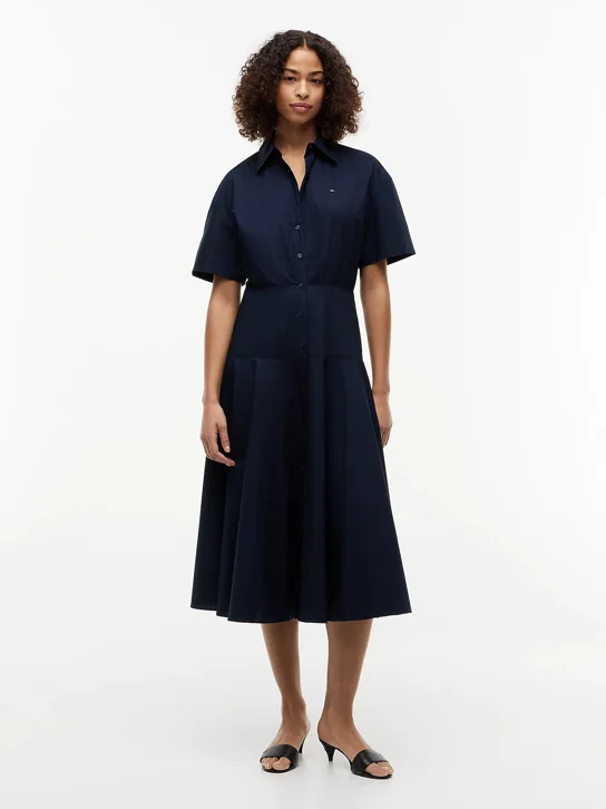 TOMMY HILFIGER Đầm Nữ Poplin Flre SS Midi Shrt Dress
